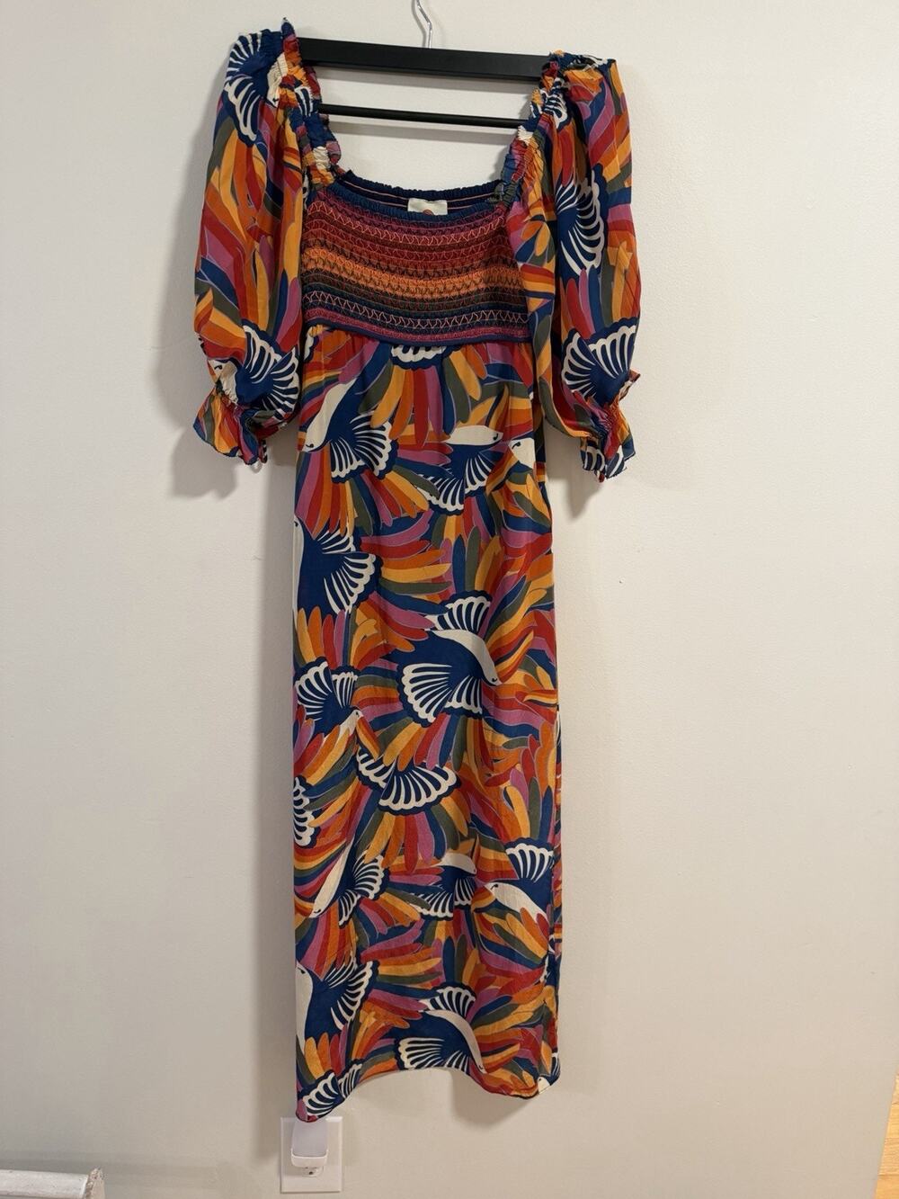 FARM RIO Rainbow Toucan Bird Smocked Maxi Dress S Colorful Beaded Tassel Boho